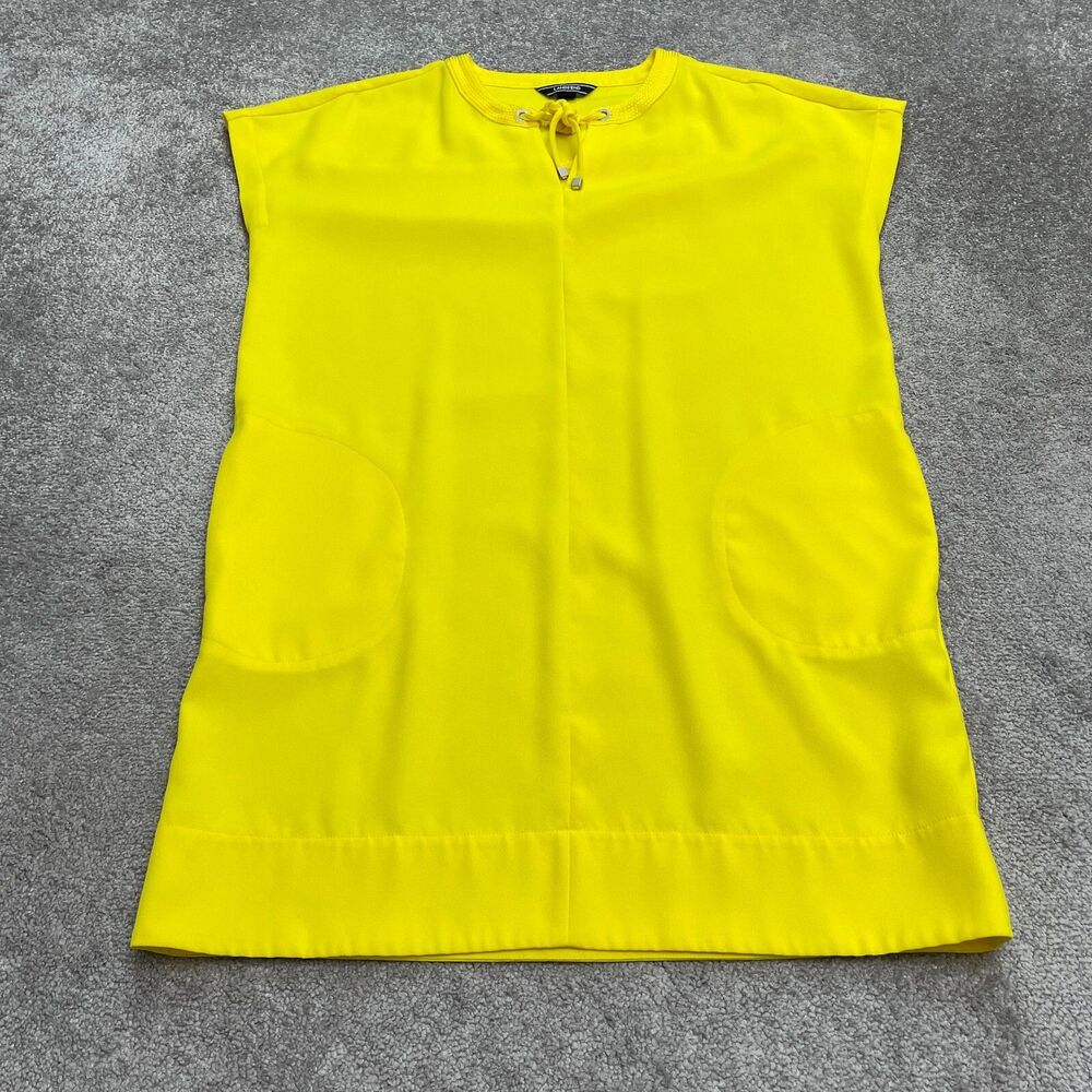 Lands' End Shift Dress Womens 12 Neon Yellow Pockets Tie Neck Knee Length Casual